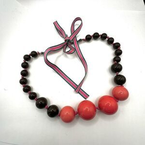 Pink and brown chunky beaded ribbon tie necklace